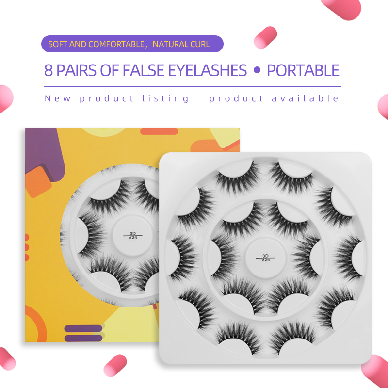 8 Pairs False Eyelashes with Yellow Round Box 3DV24