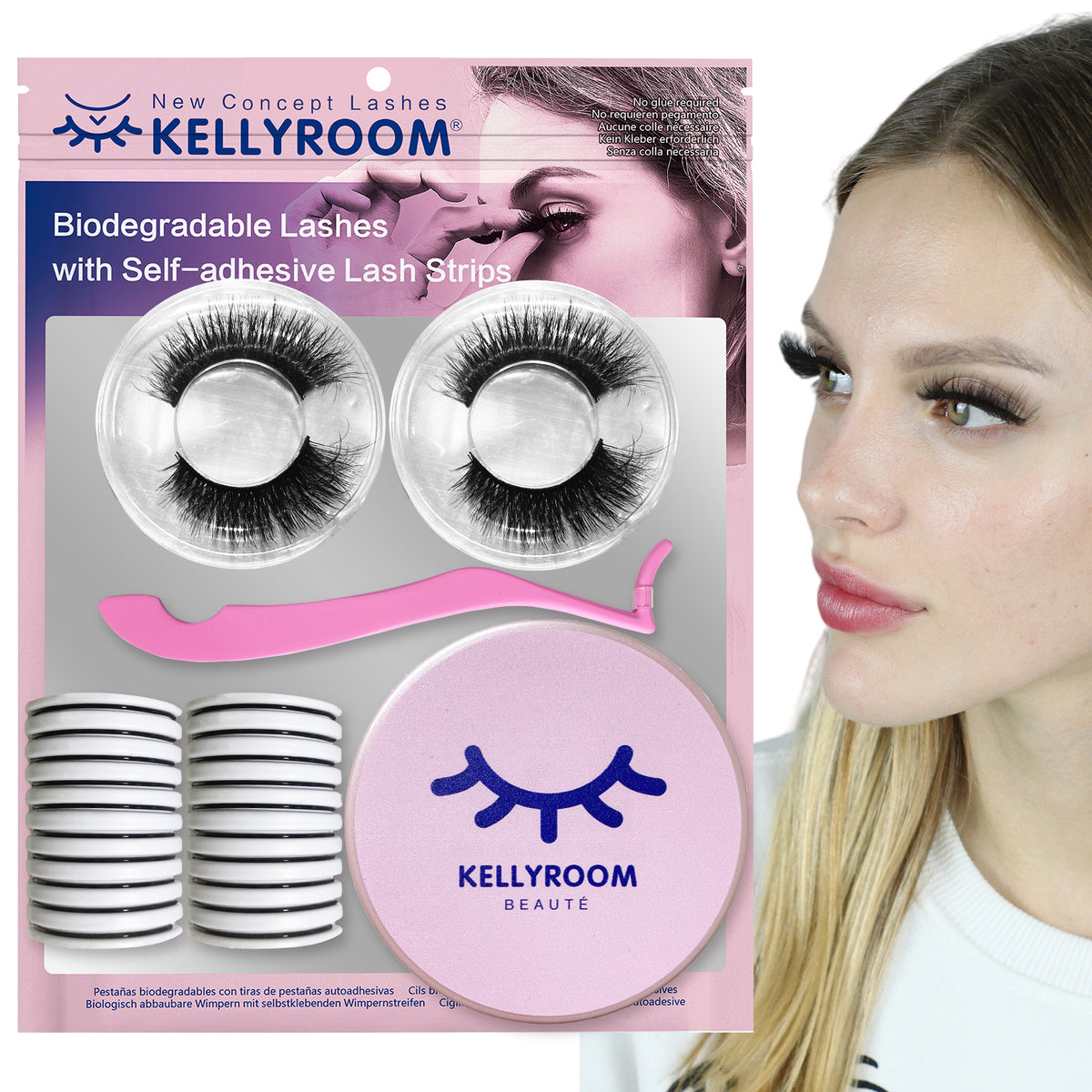 KellyRoom Self-adhesive Faux Mink False Eyelashes Reusable 2 Pairs Pack with 20 Pcs Adhesive Strips