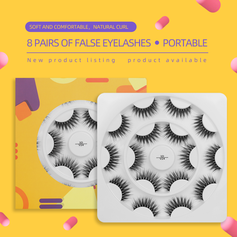 8 Pairs False Eyelashes with Yellow Round Box 3DV70