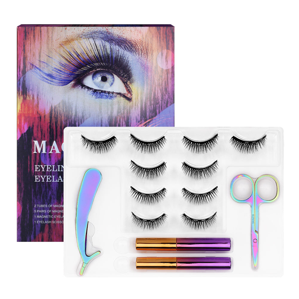 5 Magnets 5 Pairs Magnetic Eyelashes and Eyeliner Kit,2 Tube of Eyeliner,1 Pair of Tweezers and Scissors JML-002