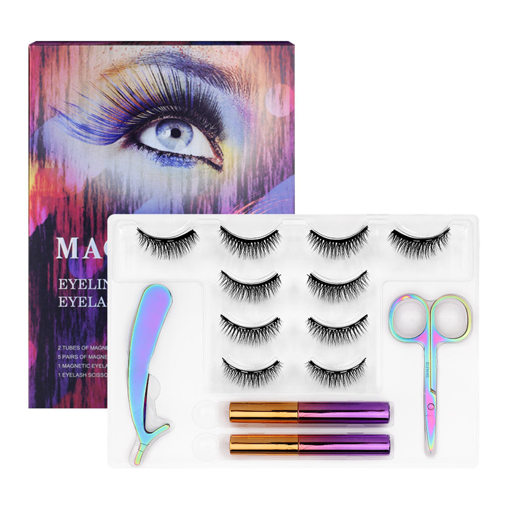 5 Magnets 5 Pairs Magnetic Eyelashes and Eyeliner Kit,2 Tube of Eyeliner,1 Pair of Tweezers and Scissors JML-002